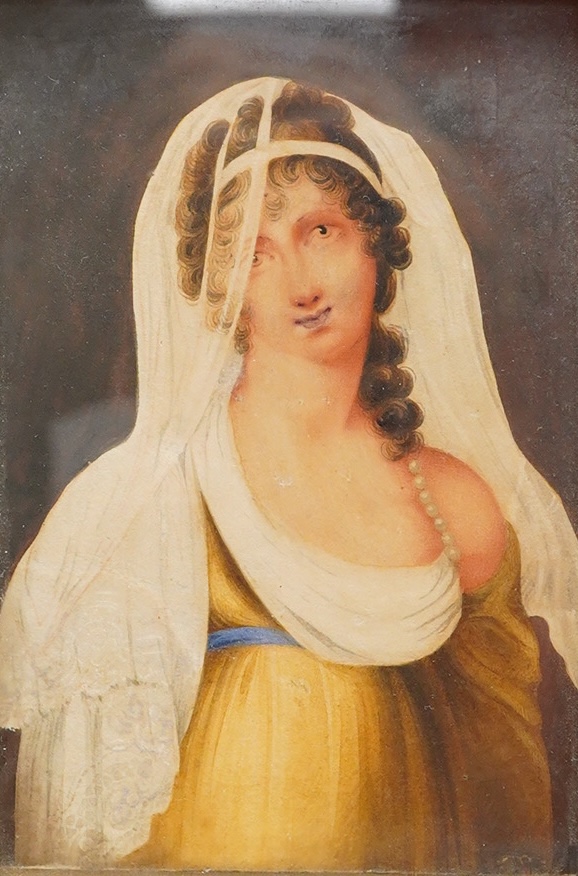 H. Harding, Portrait miniature of Madame Reconnier, circa 1830, London, inscribed in ink verso, watercolour on card, framed, 12 x 7.5cm